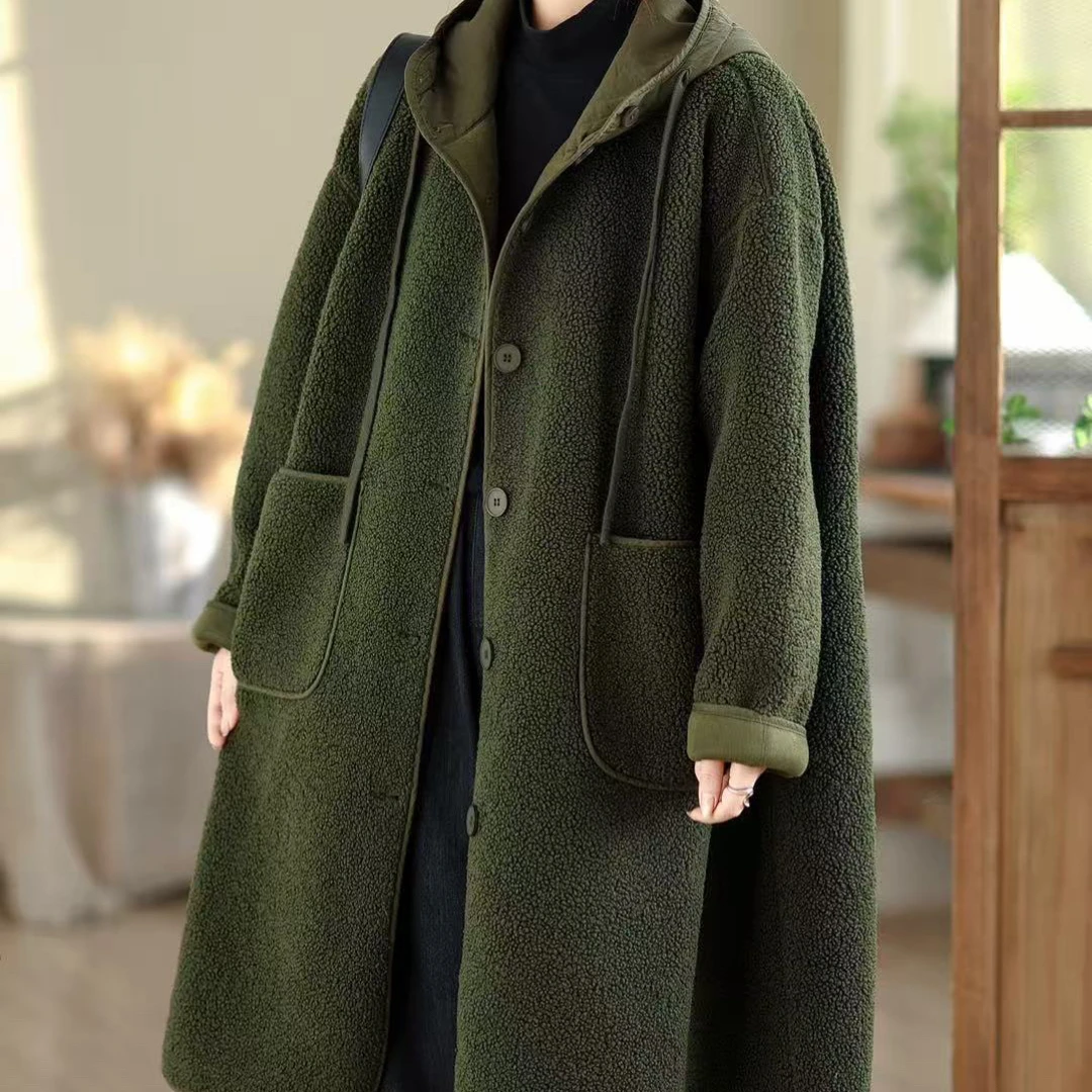秋冬韩系慵懒风澳粒绒连帽显瘦气质百搭长款外套81676