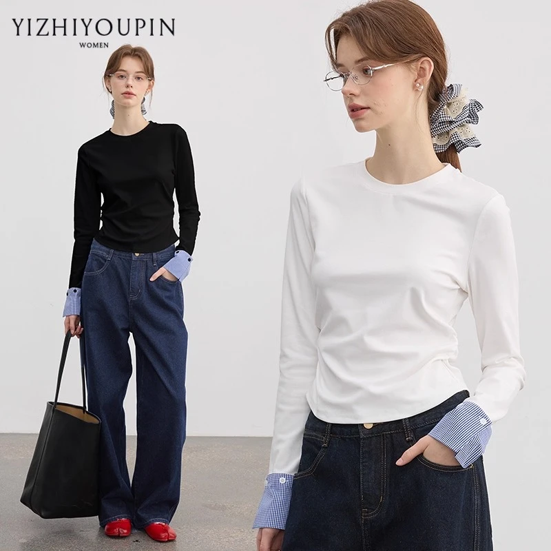 圆领假两件撞色拼接长袖T恤女2025早秋新款修身显瘦打底百搭上衣