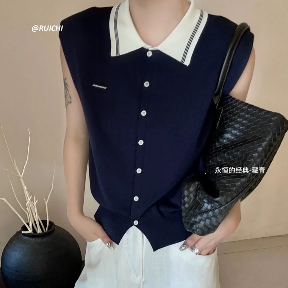 韩系2025夏季POLO翻领小标刺绣撞色扣子短袖薄款修身针织开衫上衣