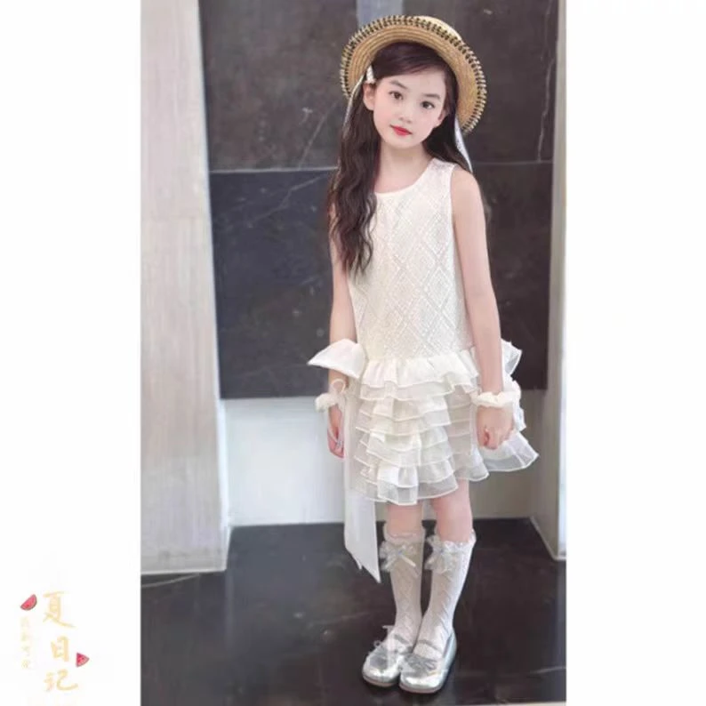 女童甜美风连衣裙夏季2025新款女孩蝴蝶结花边背心裙可爱无袖裙子