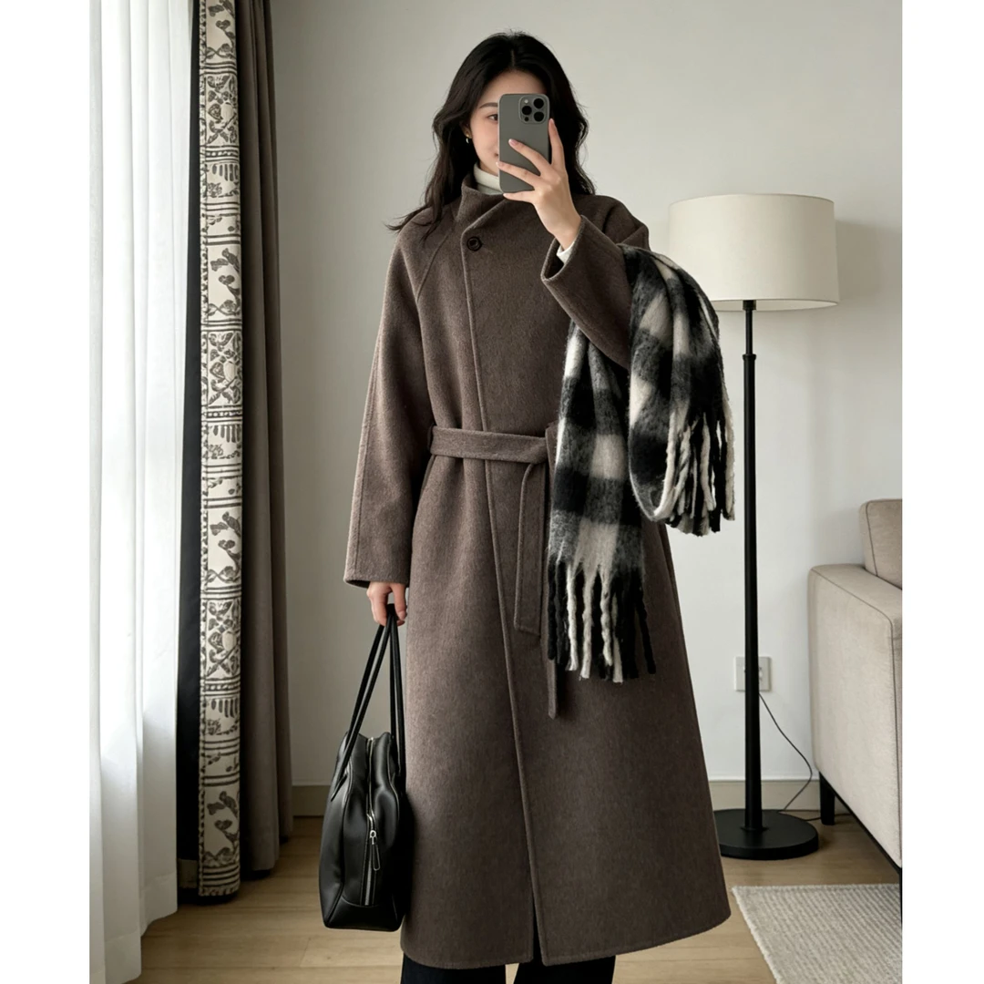 新款秋冬女韩版呢子大衣休闲腰带长款双面时尚羊毛大衣潮流女装