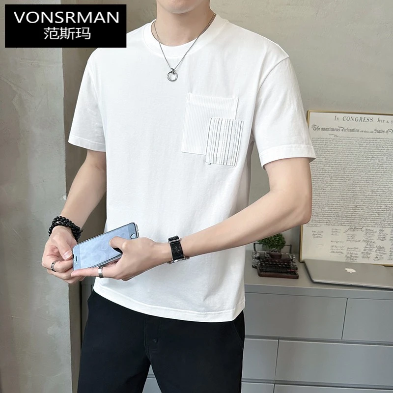 高级感条纹拼接短袖男士凉感T恤2025夏季新款潮牌修身半袖