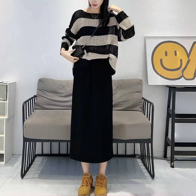 梨形身材大码高腰显瘦黑色半身裙女秋冬新款弹力中长款开叉A字裙