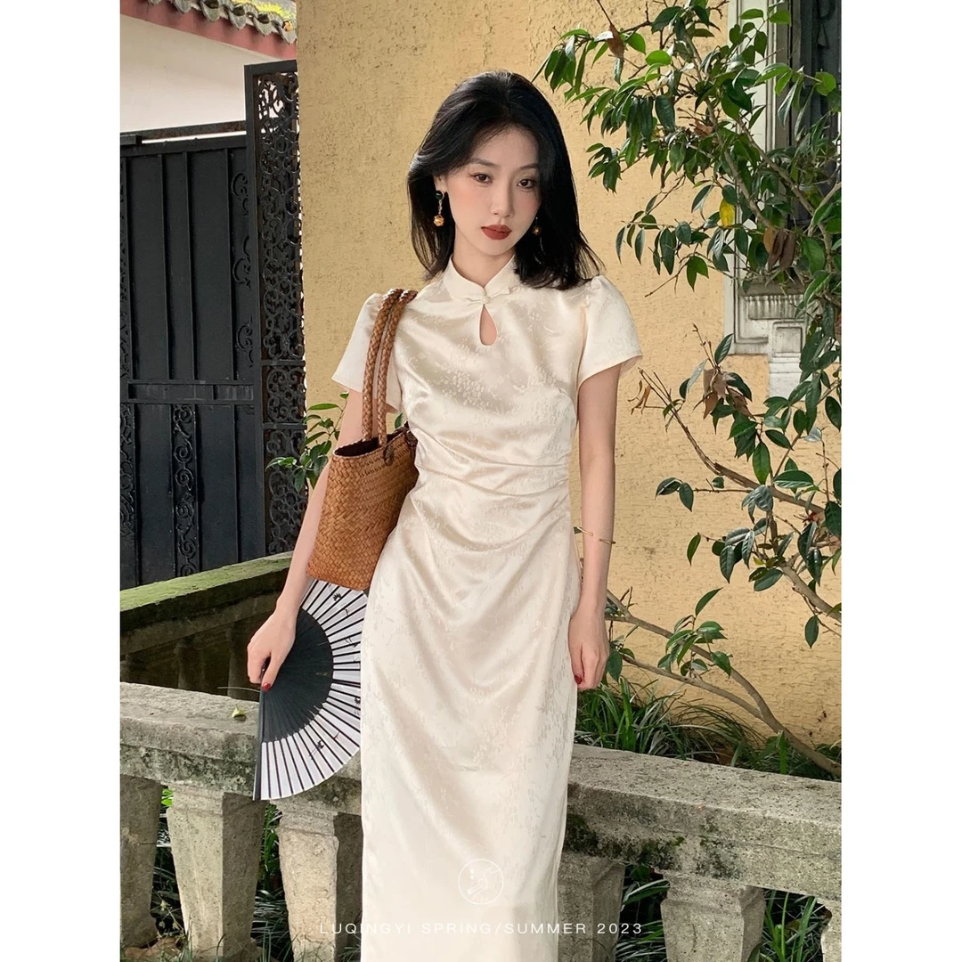 重工提花旗袍裙女夏季国风改良新中式连衣裙