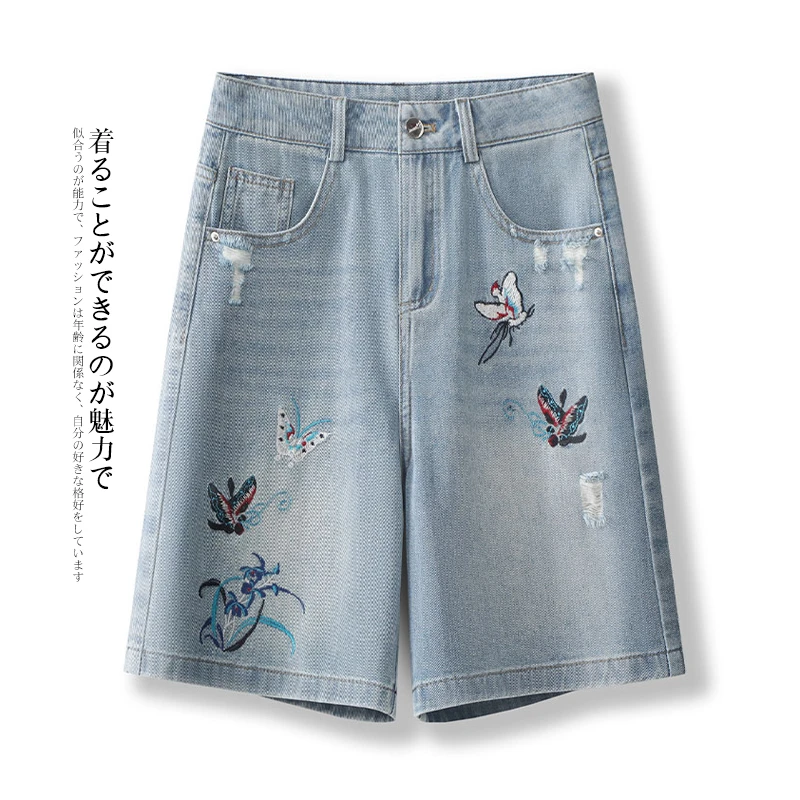拉夏贝尔刺绣牛仔短裤女夏薄款25年高腰a字外穿破洞直筒五分裤子