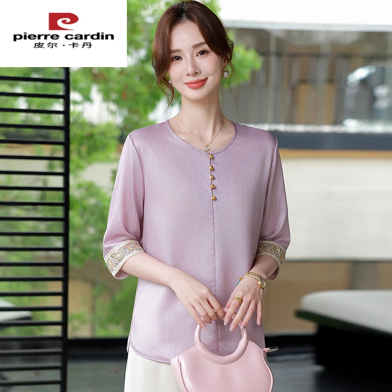 皮尔卡丹妈妈装夏季2025新款中老年洋气修身显瘦减龄衬衫七分袖百