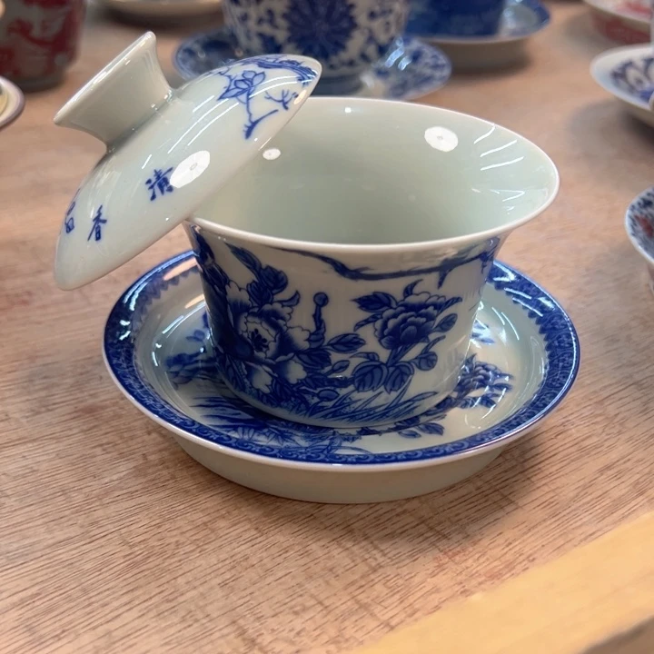 瓷片白青花喜上眉梢马蹄盖碗全品