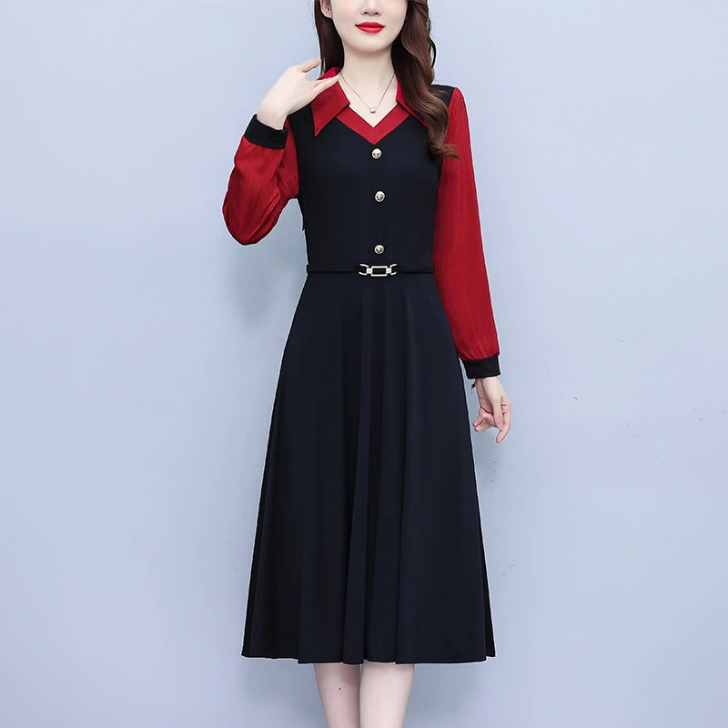 假两件套修身显瘦大码女装胖时尚洋气长袖秋冬季中妈妈连衣裙