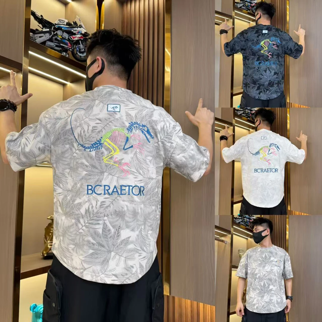 全刺绣男士短袖t恤透气舒适夏季新款字母宽松百搭休闲潮流燕尾服