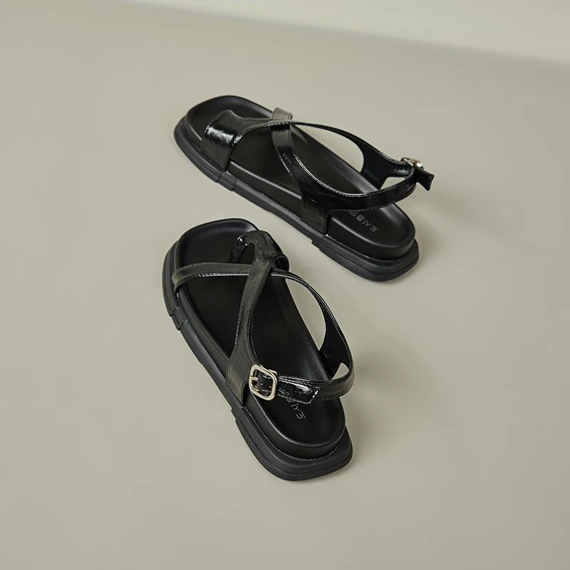 复古交叉扣带厚底凉鞋女夏季新款夹趾百搭沙滩休闲凉拖鞋