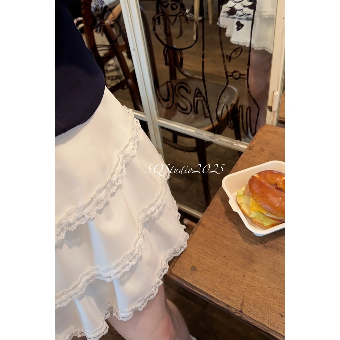 【公主日记】甜系蕾丝显瘦百搭蕾丝边白色元气短裙--K552卡码拍小