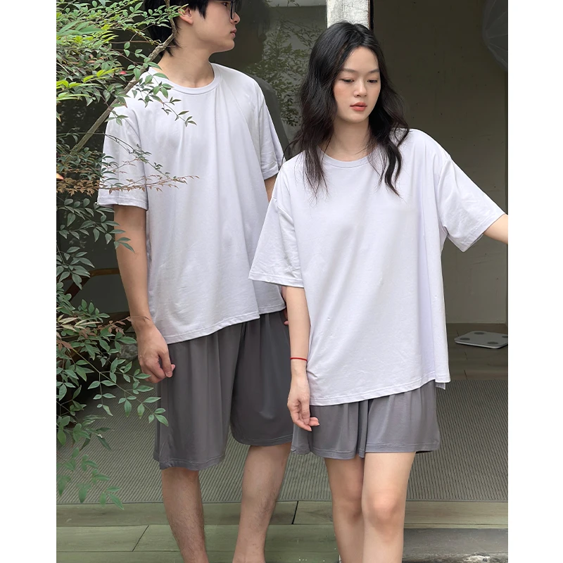 情侣睡衣女夏季一体带胸垫家居服男薄款宽松短袖莫代尔可外穿套装