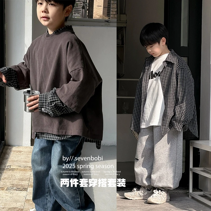 男童格子衬衫儿童春秋款2025新款韩版中大童休闲两件套穿搭