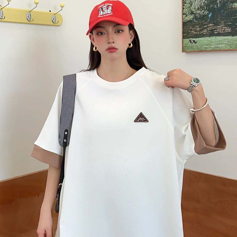25X280三角贴标夏季上新款新款拼色T恤插肩袖休闲显瘦简约百搭