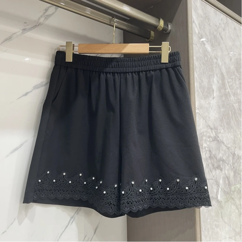 PWD33019【仅裤子】2025新款宽松显瘦高腰花边休闲短裤【裤长45】