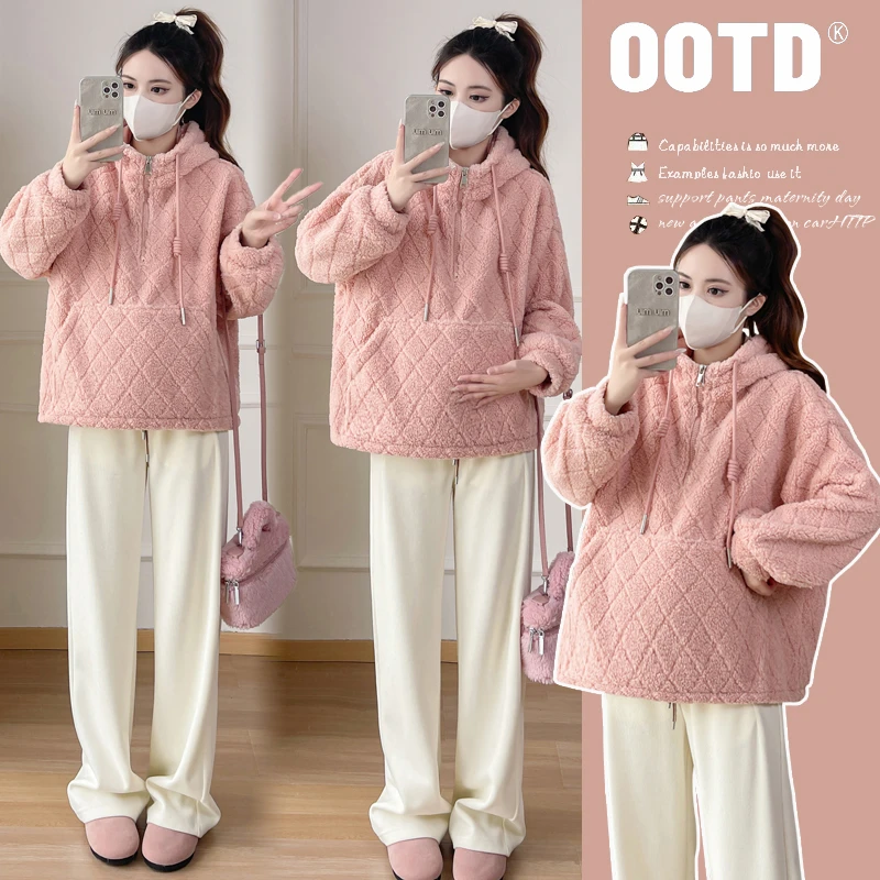 2025冬季粉色羊羔毛宽松百搭套头卫衣保暖减龄孕妇装加厚休闲外穿