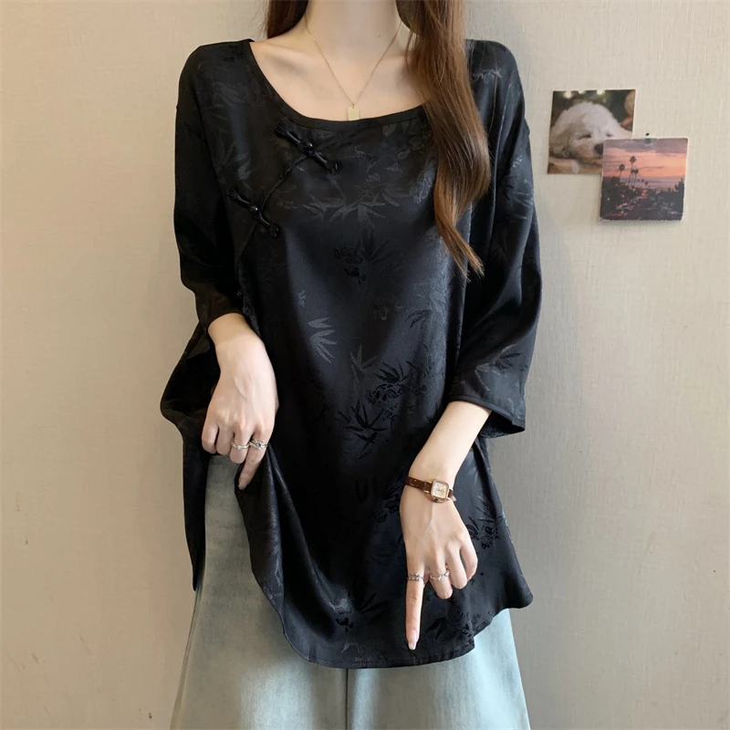 新中式国风提花缎面衬衫女2025新款夏大码胖mm显瘦高级感遮肚上衣