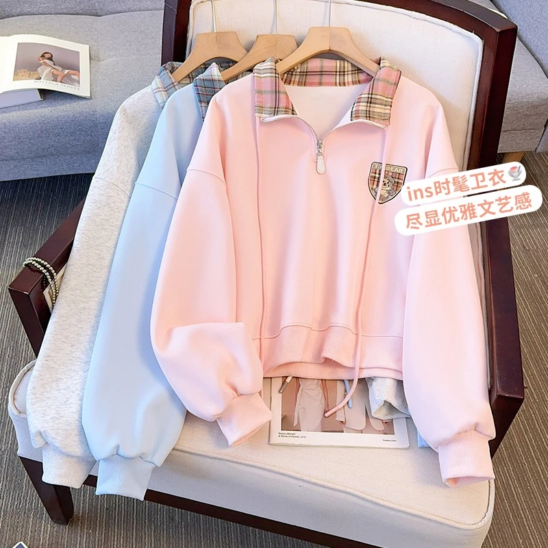 4074早春新款假两件POLO格子领学院风宽松套头立领拉链卫衣