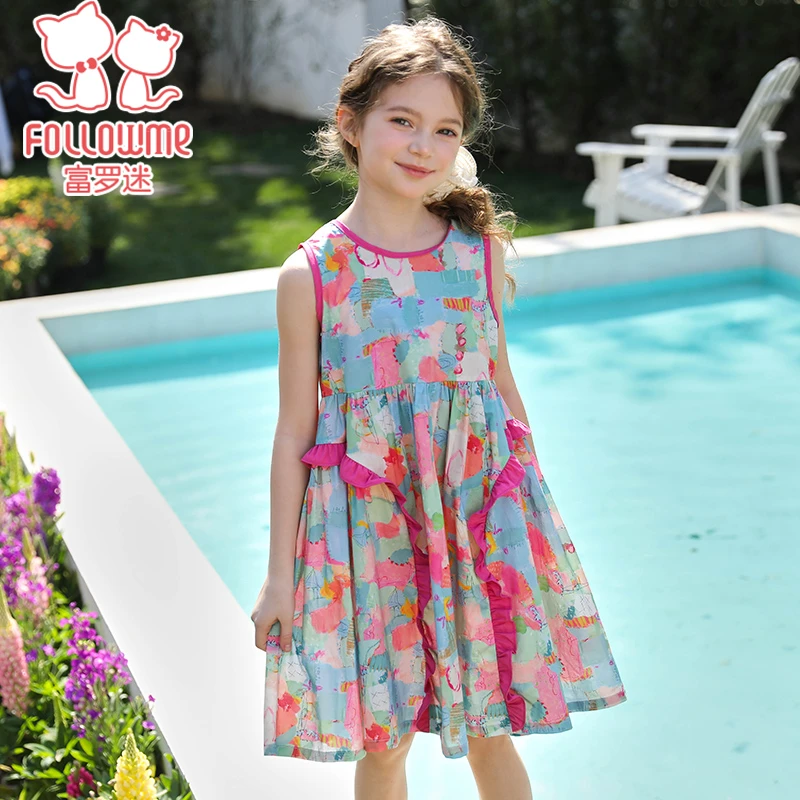 富罗迷女童无袖碎花连衣裙2025新夏装舒适儿童花边连衣裙F5B7327L