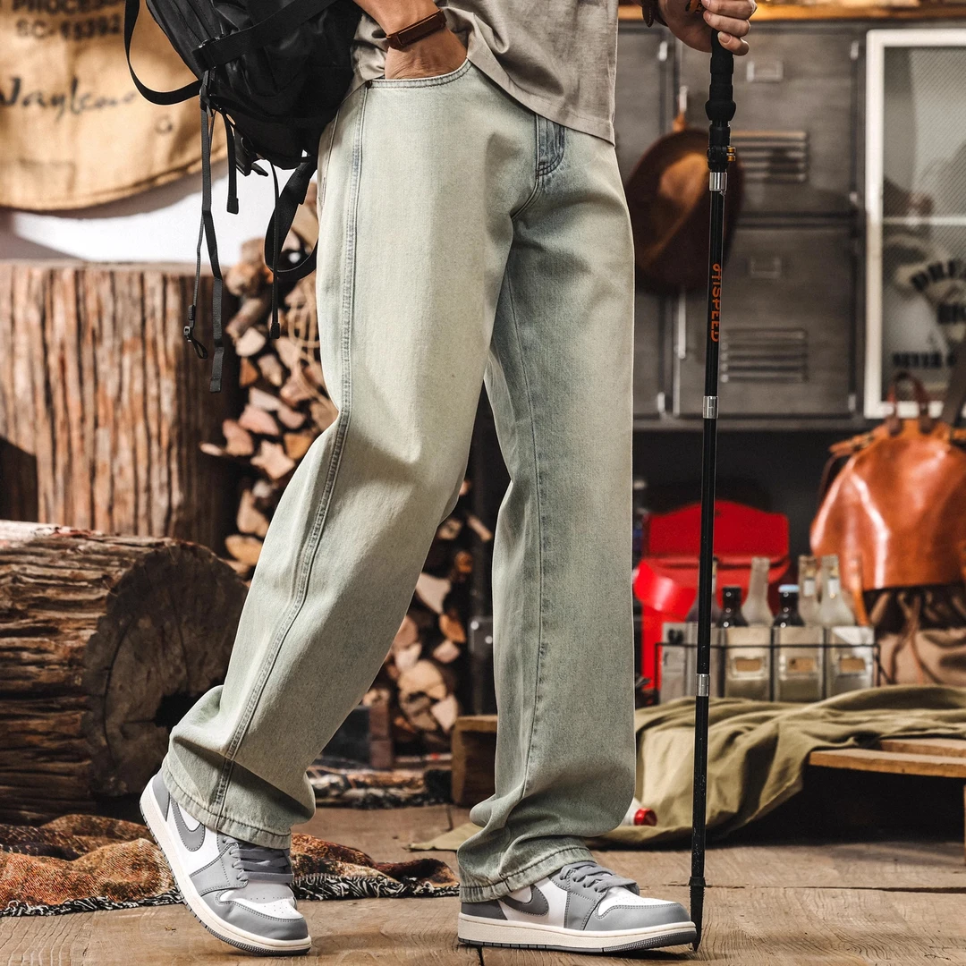 美式复古石磨洗水直筒牛仔裤男款秋冬新款潮流百搭男士宽松休闲裤