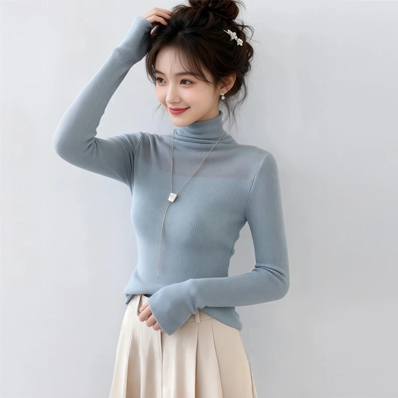 堆堆领拼接高档气质蓝色上衣爆款秋季时尚高领长袖坑条修身打底衫