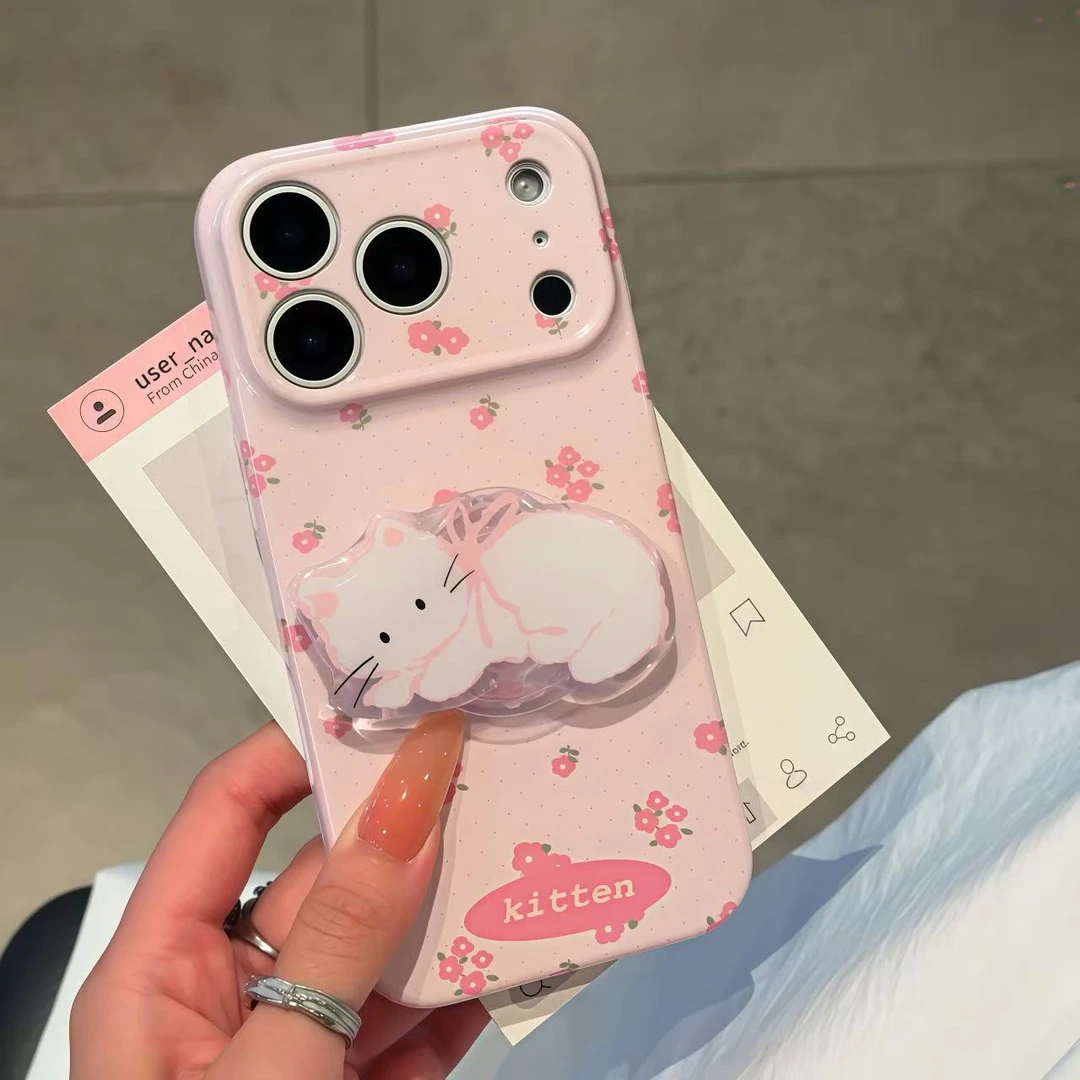 BANCA温柔粉碎花猫支架适用苹果17/16手机壳华为oppo小米15vivo