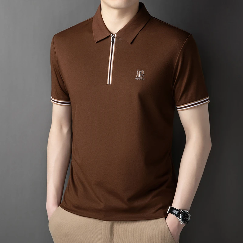 普卡夕赫薄款夏季短袖Polo衫酒红色polo衫上衣条纹中青年宽松