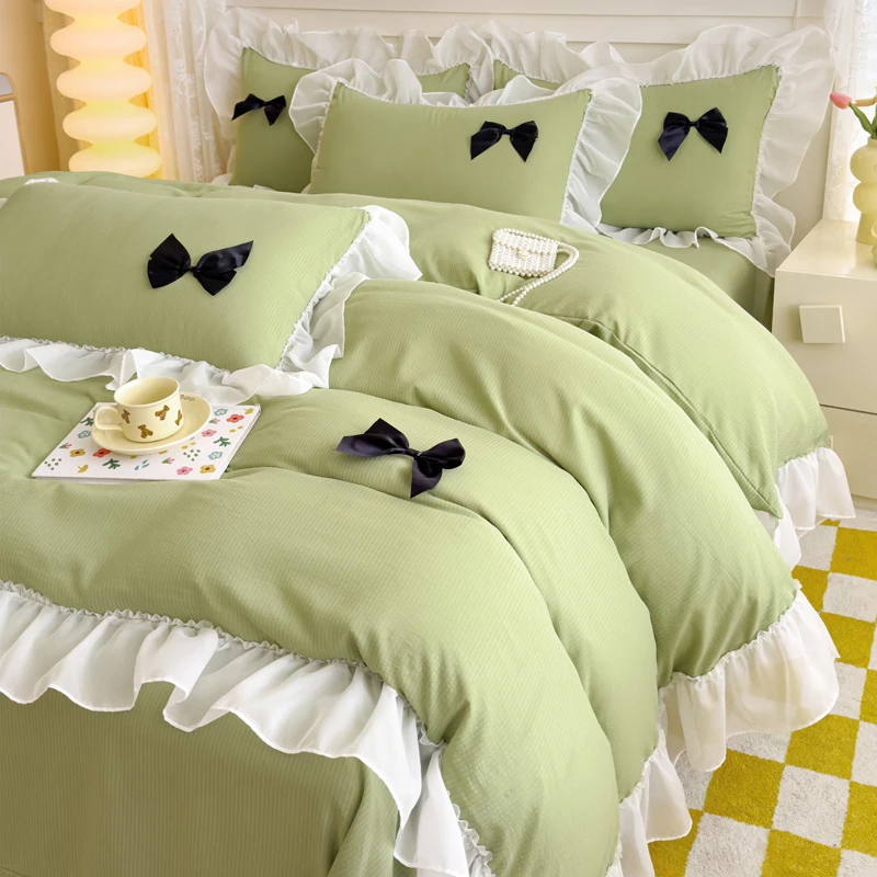 韩式公主风床单款四件套甜美荷叶边超柔软被罩被套少女心床上用品