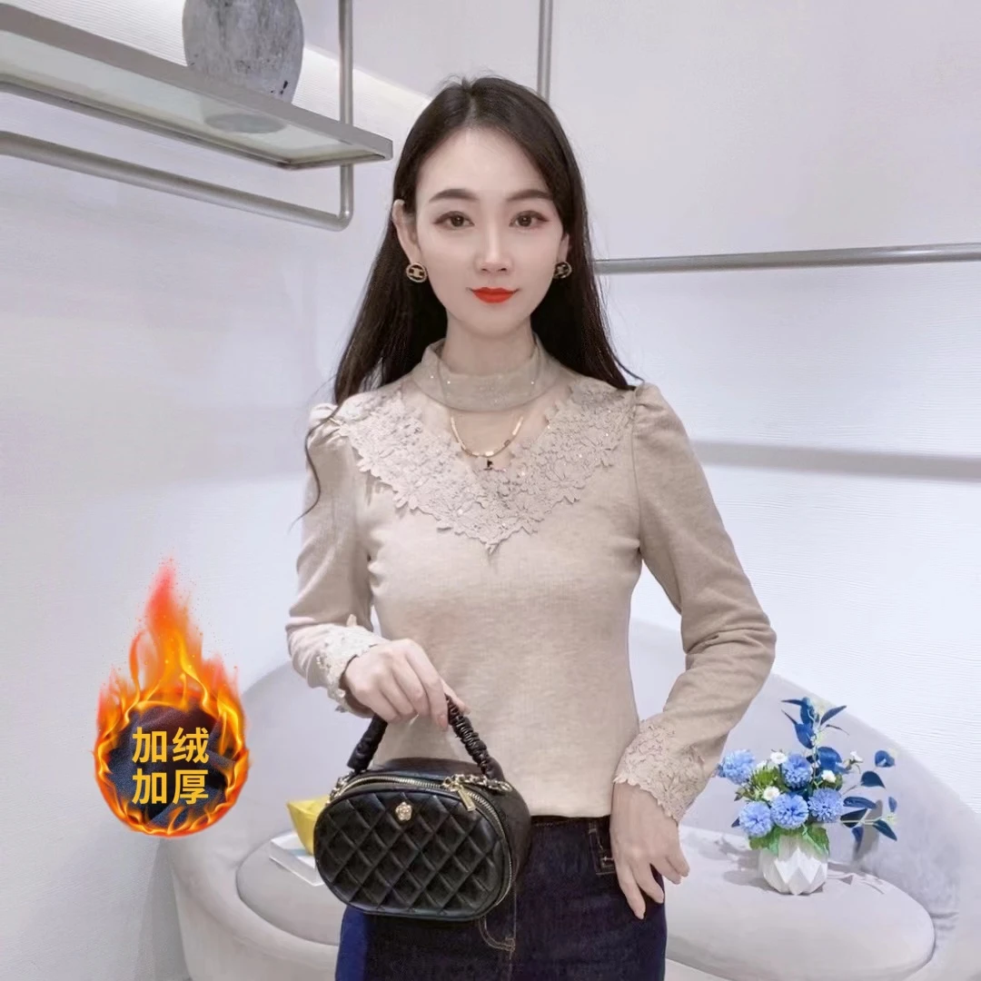 A9107冬季新款花边半高领长袖T恤女打底衫小众气质遮肉显瘦上衣