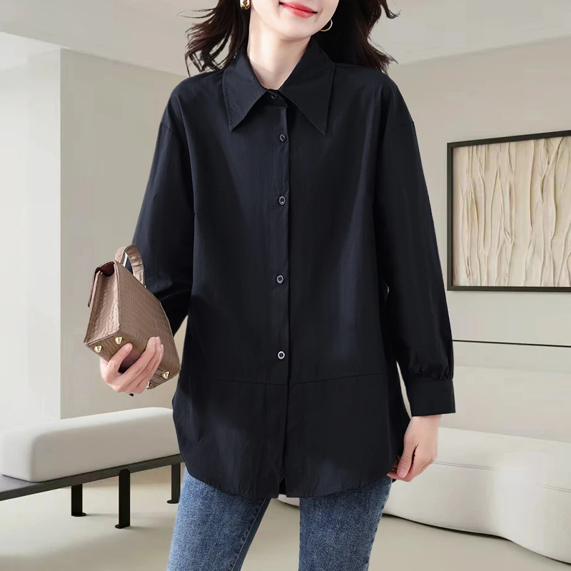 黑色翻领女士衬衫2025早春季新款大码宽松休闲显瘦中长款上衣