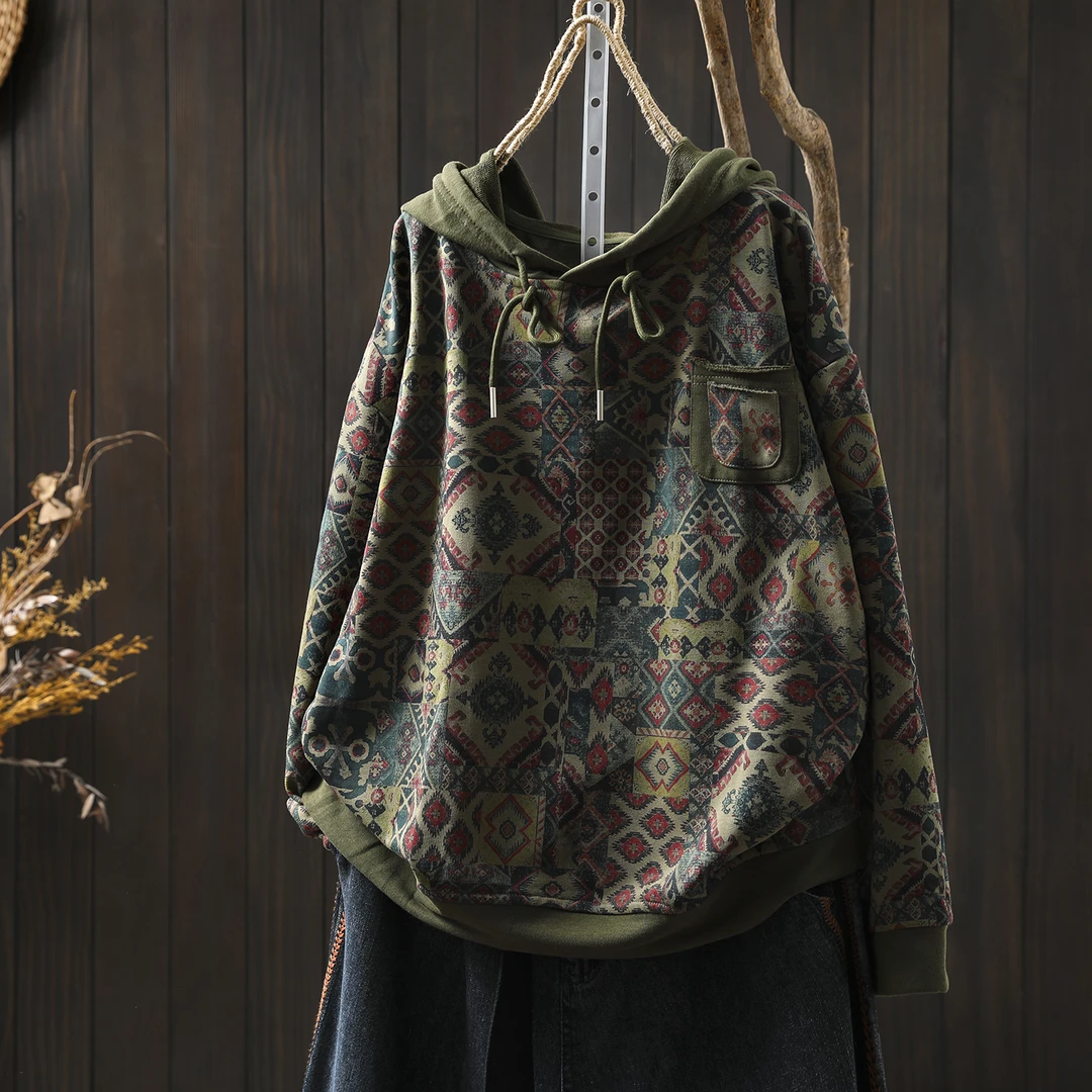 连帽卫衣女2025新款今年流行爆款复古印花时尚休闲宽松长袖上衣