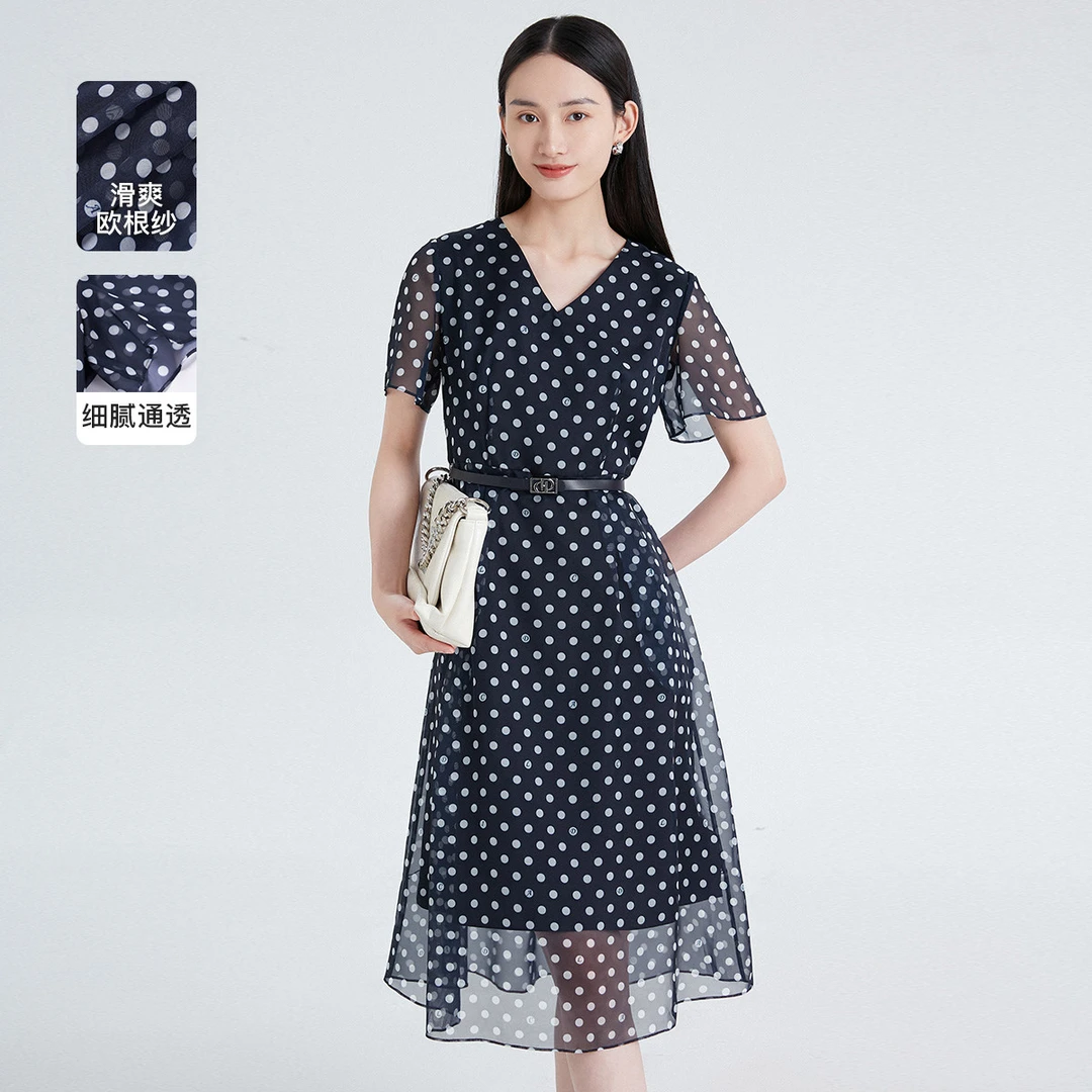 【丽公主专属】收腰欧根纱V领短袖法式连衣裙女CF03450