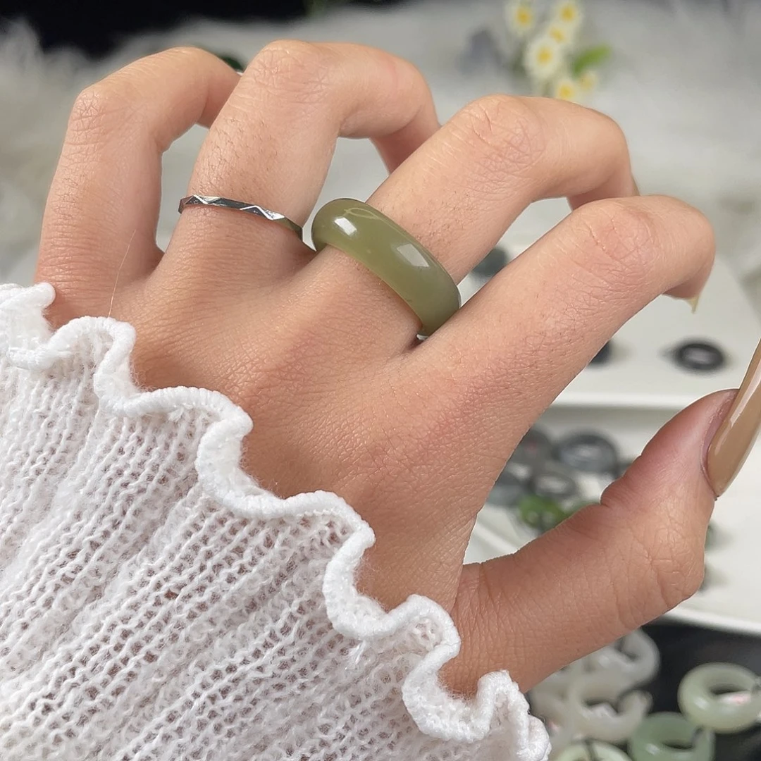 和田玉未镶嵌戒指U34枣青19.6mm