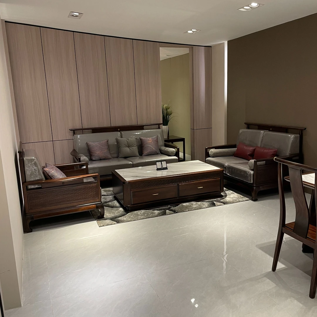 新中式乌金木官帽沙发茶几客厅组合