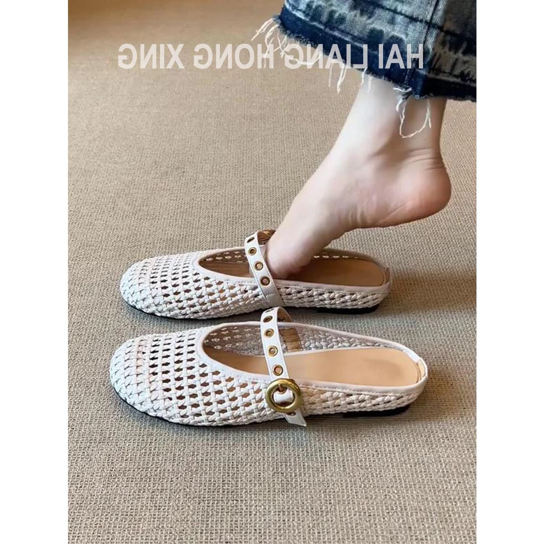 感~包头凉鞋女夏外穿新款编织镂空洞洞平底法式玛丽珍半拖鞋