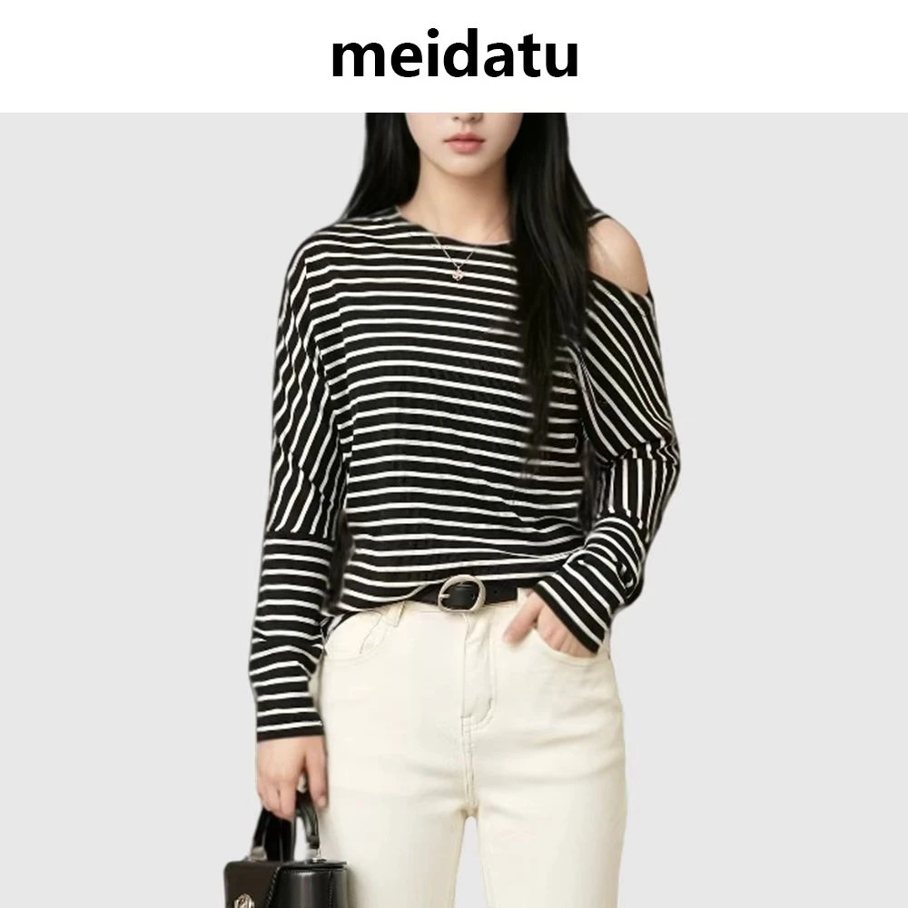 美哒兔（珍珠来信）韩系不规则条纹斜肩上衣（小个子版）CK2167-27Q