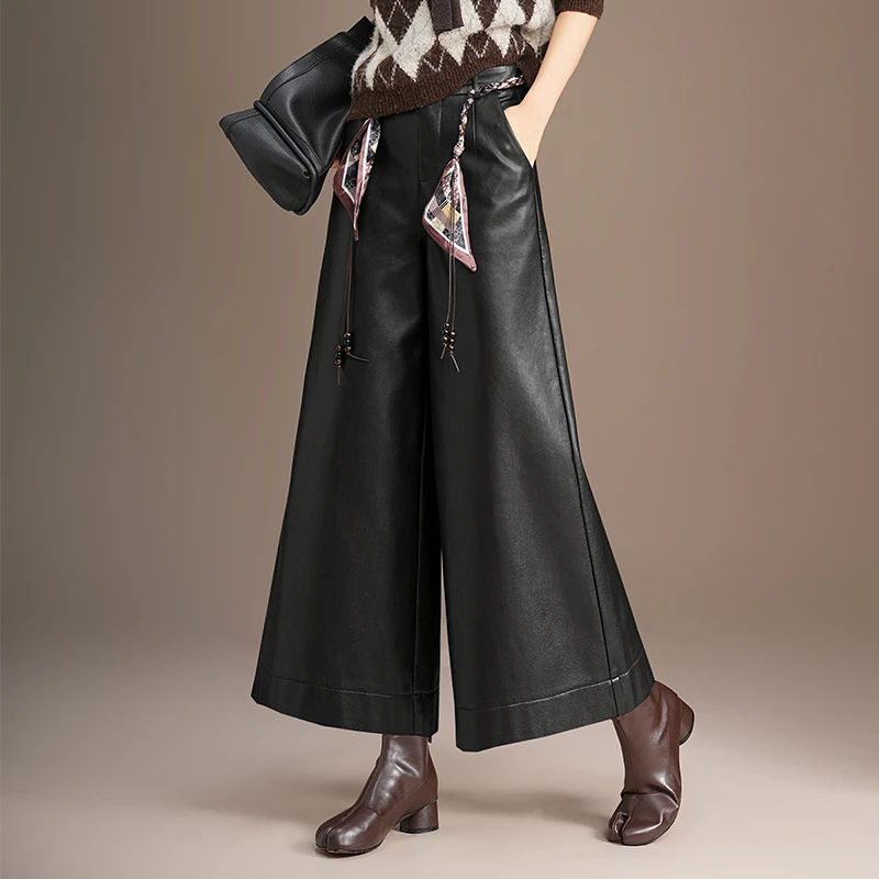 皮裤七分裤女秋冬2025新款高腰显瘦直筒裤宽松九分阔腿裤时尚靴裤