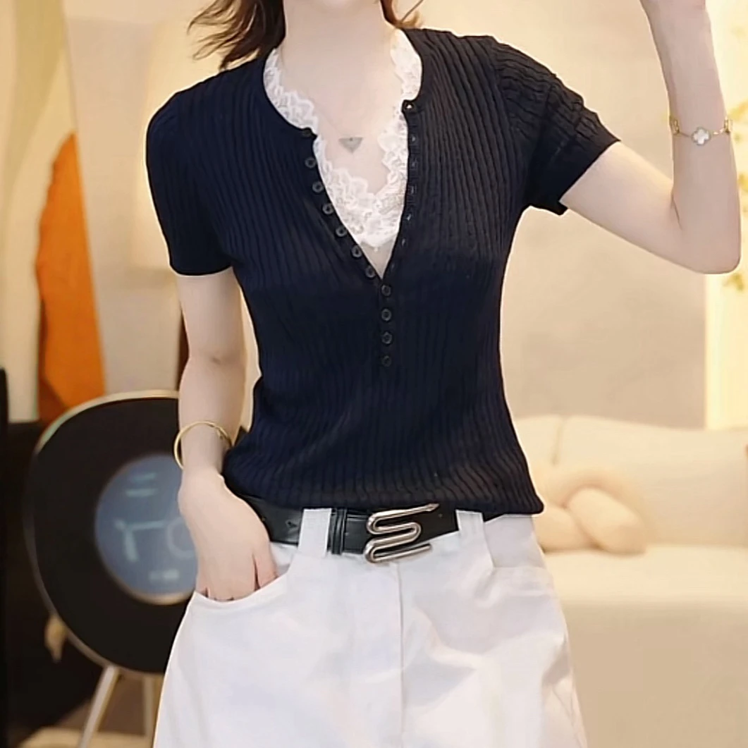 设计感时尚假两件蕾丝拼接短袖针织2025夏季新款修身显瘦T恤上衣