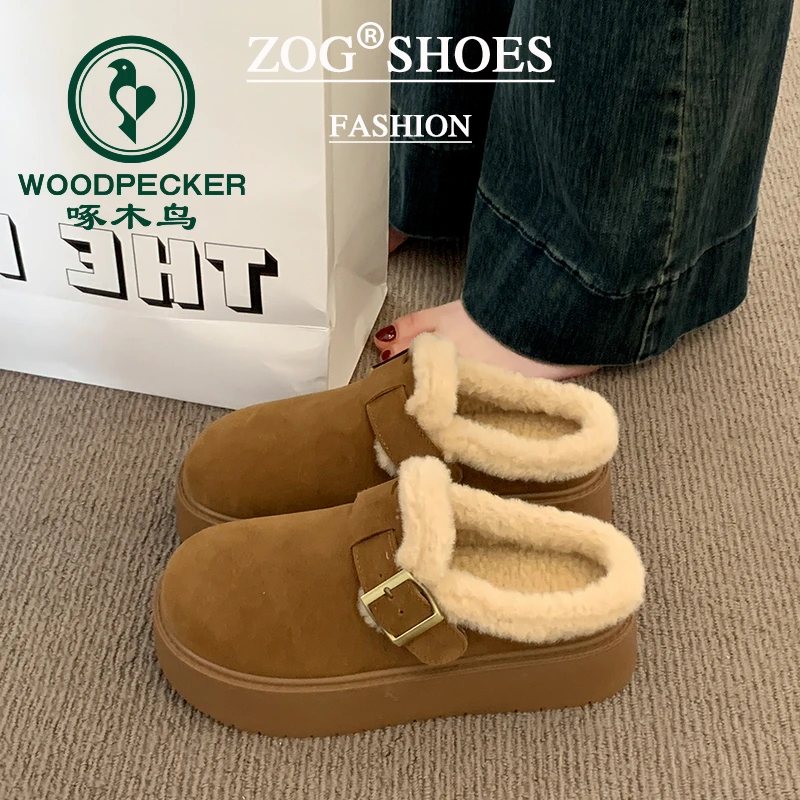 啄木鸟毛毛拖鞋女外穿2025新款秋冬加绒包头棉拖鞋厚底勃肯半拖女