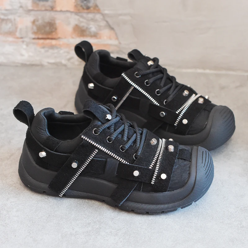 BAHONGLY栢香妮小众铆钉复古厚底老爹鞋女2025新款户外登山休闲鞋