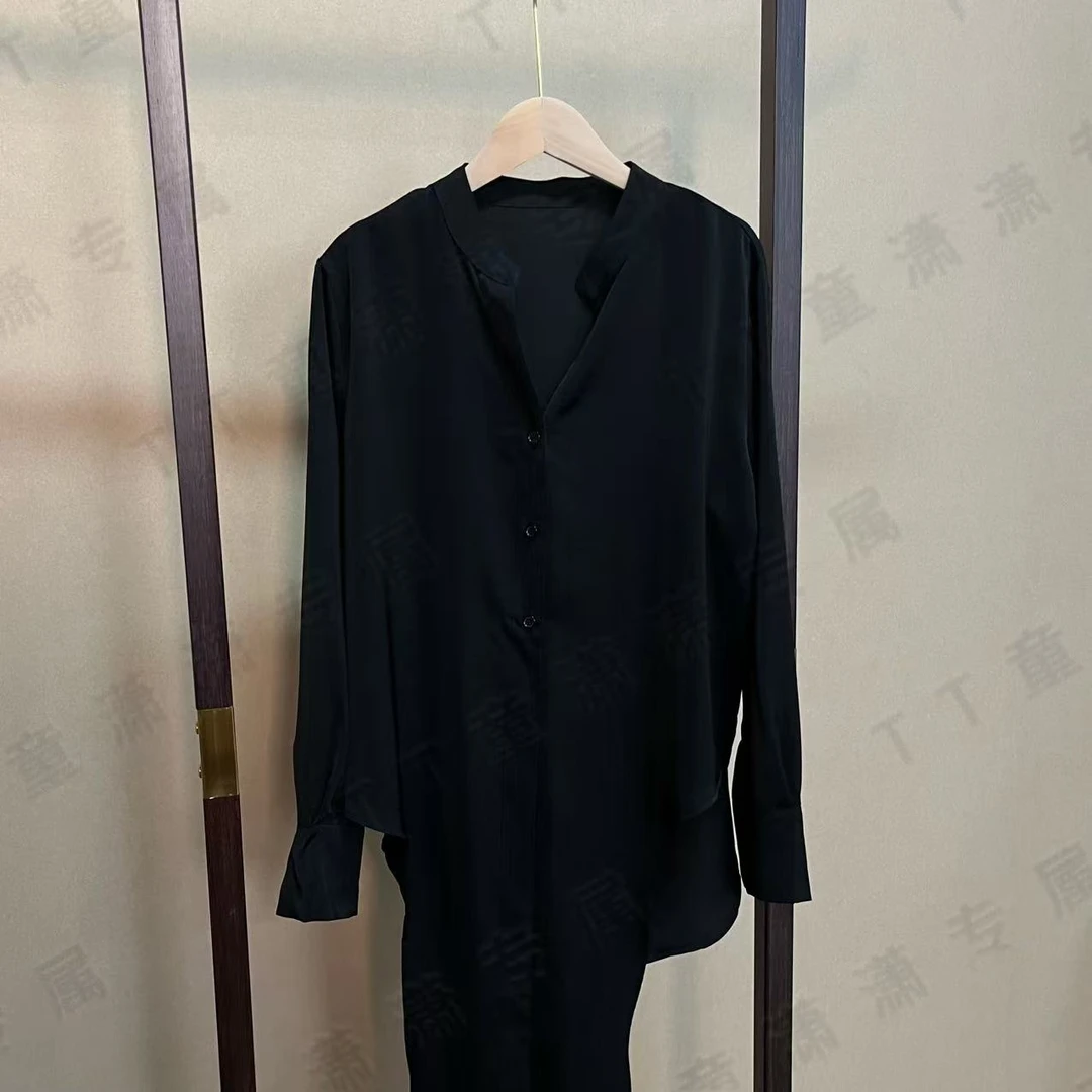 （2597黑色绑带衬衫）简约黑色绑带衬衫前长58加绑带116后长76