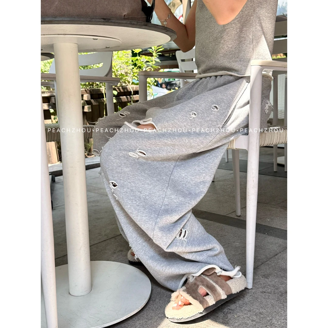 『PEACHZHOU』不规则破洞卷边毛圈宽松直筒休闲裤松紧腰韩式阔腿裤