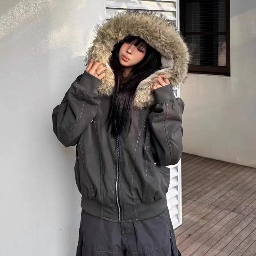 美式毛领纯色短款宽松型长袖修身型派克棉服ins韩版情侣外套冬季