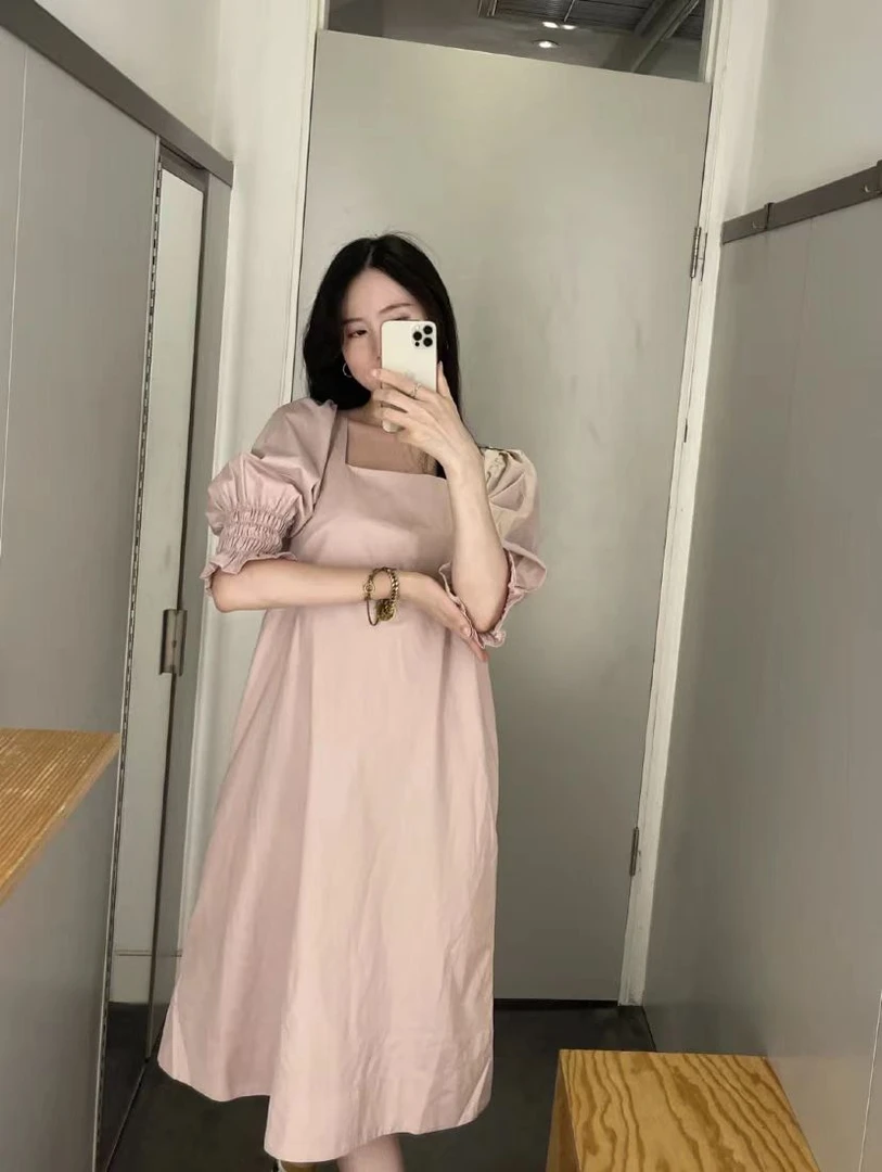Y08方领泡泡袖缩褶连衣裙粉色棉质套头减龄设计感夏季新品