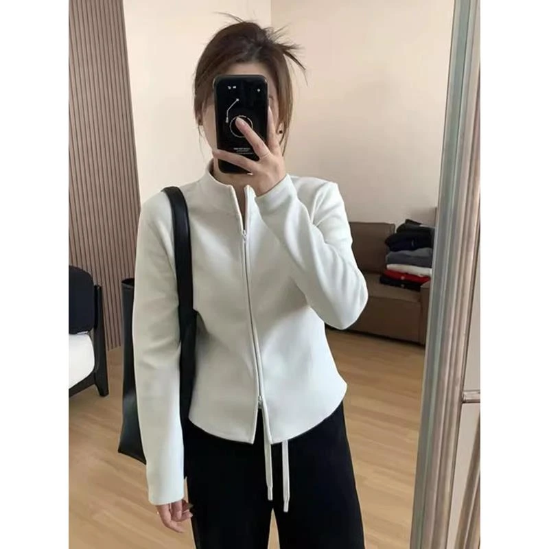 立领双拉链卫衣外套女2025春秋新款大码胖mm加厚小蛮腰上衣打底衫