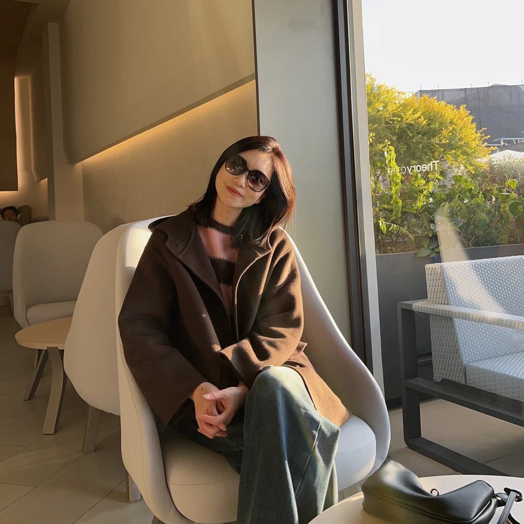 晓夏自制 “生椰拿铁” 高奢设计真丝*羊毛双面呢连帽宽松大衣外套