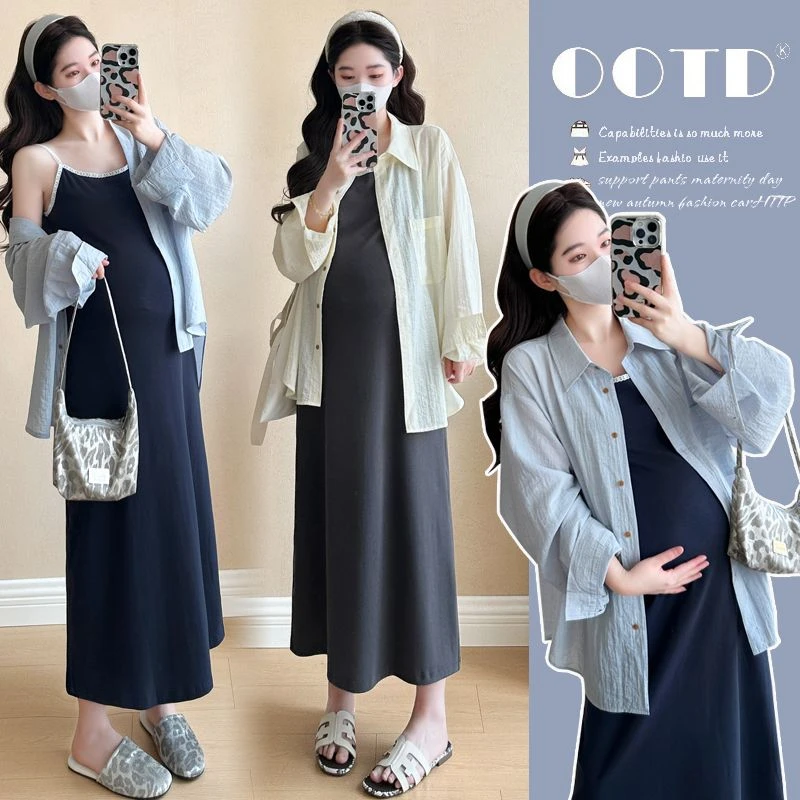 【枫丽】2025夏季新款孕妇韩版时尚宽松吊带裙连衣裙防嗮衬衫小个子