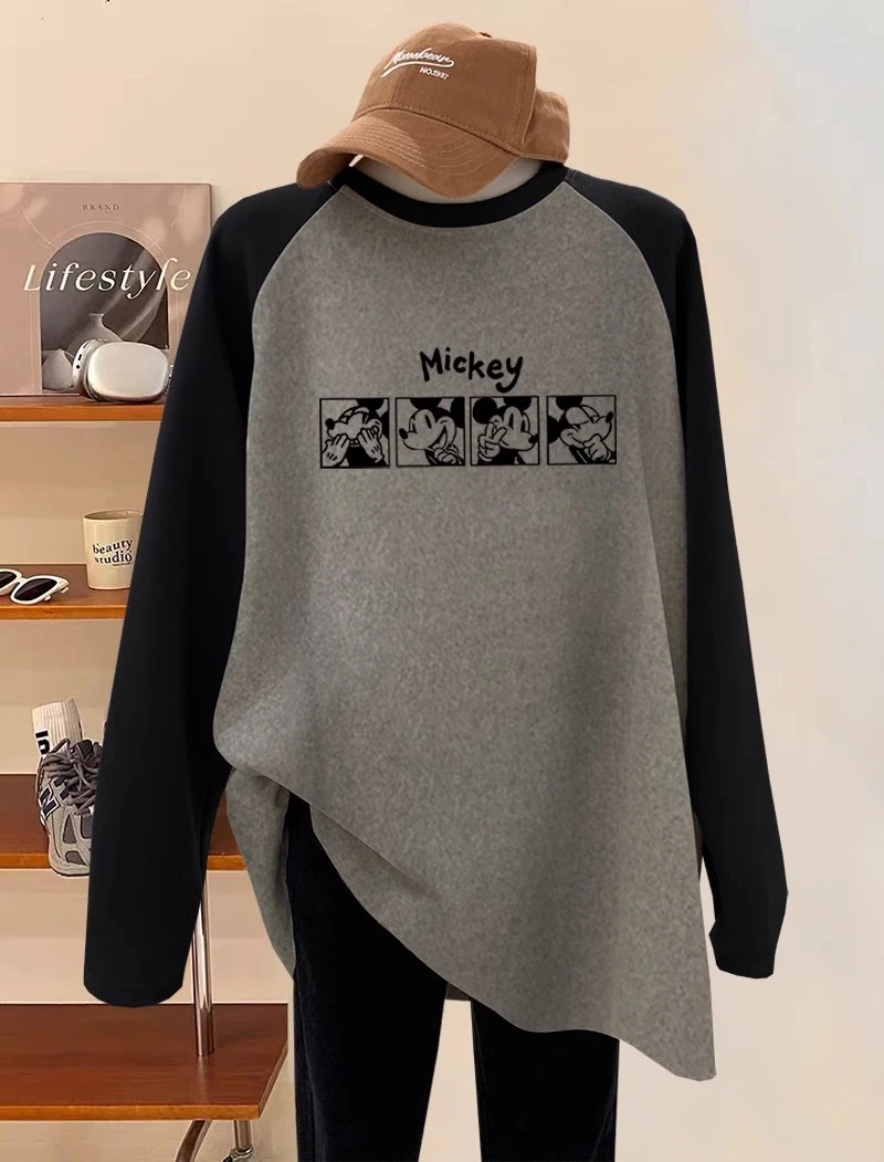 林总总专属 插肩加厚磨毛长袖t恤女宽松中长款秋冬撞色印花上衣