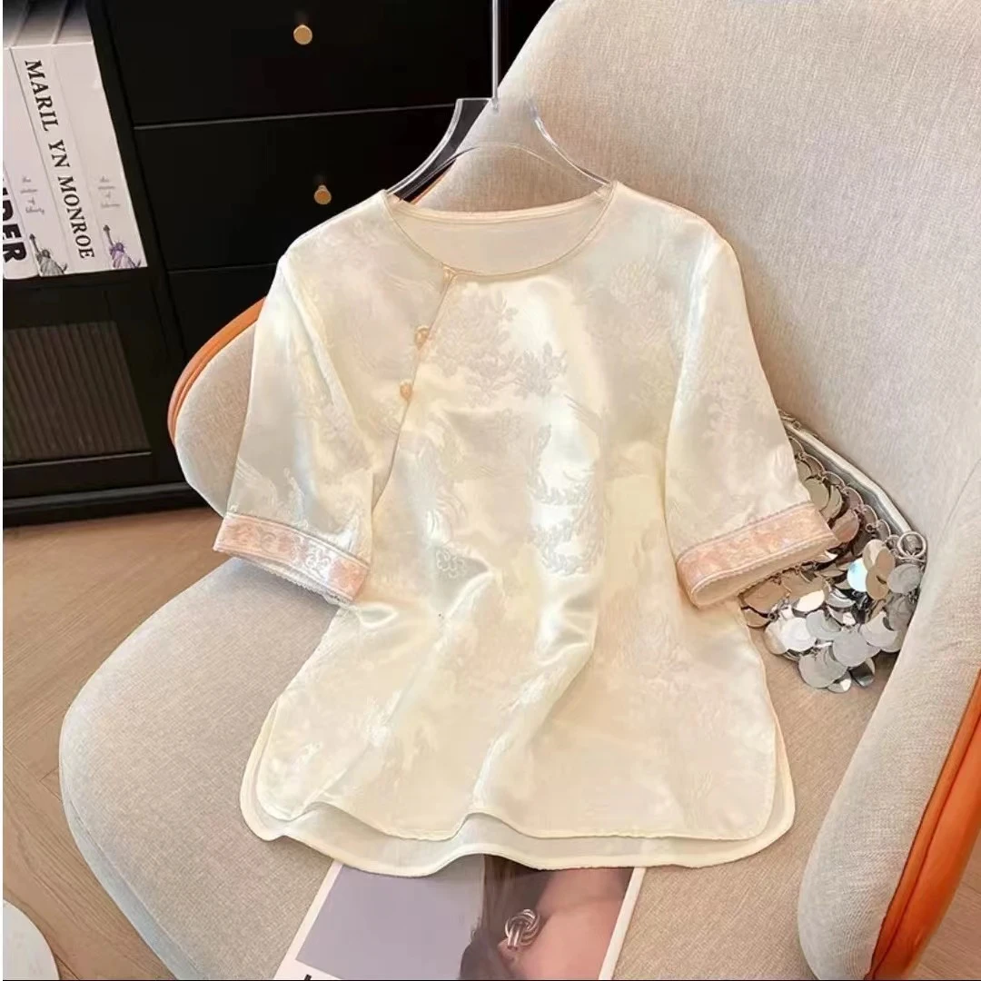 【如愿】国风新中式短袖夏季新品高端复古内搭宽松显瘦缎面衬衫女
