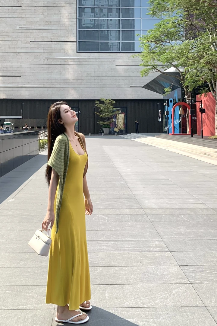 气质修身U领背心连衣裙套装女秋季法式中长裙撞色披肩两件套6672#